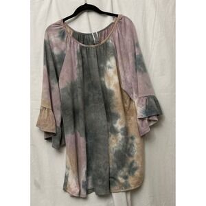 Honeyme‎ Curvy Women's Multicolor Tie-Dye 3/4 Sleeve Sheer Ruched Top - SZ XL